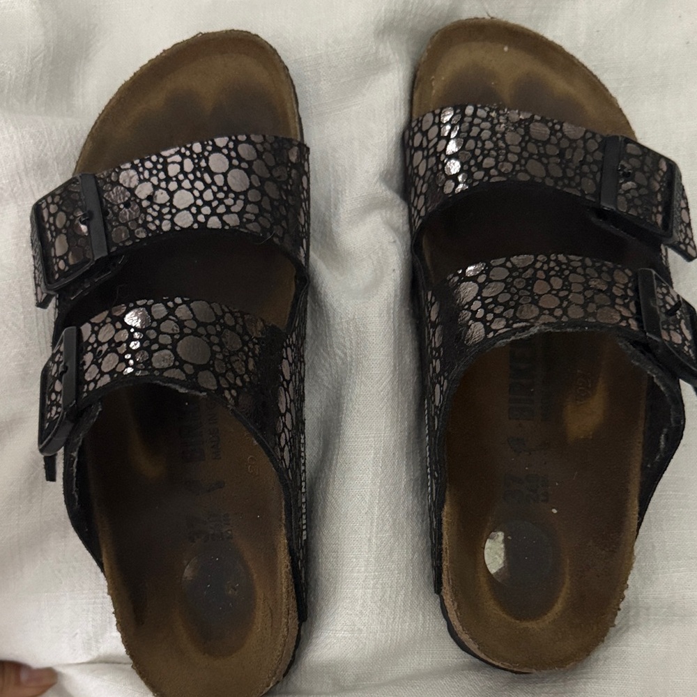 Birkenstock Women's Arizona Two-Strap Sandal in Metallic Black with Pink Sheen